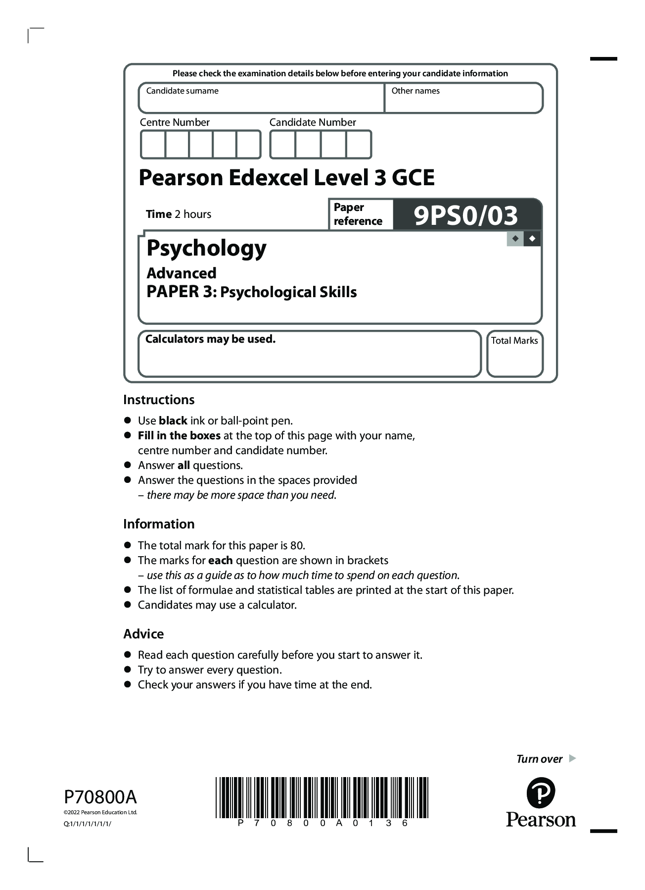 Preview image for Pearson Edexcel Level 3 GCE Psychology Advanced PAPER 3: Psychological Skills 9PS0/03